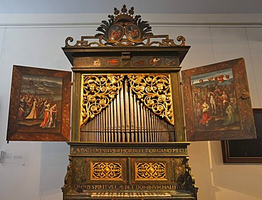 Positive organ from Steffan Cuntz, Nuremberg, ca. 1710, in the Museum of Musical Instruments in the University of Leipzig, Leipzig music trail, Leipzig, Saxony, Germany, Europe