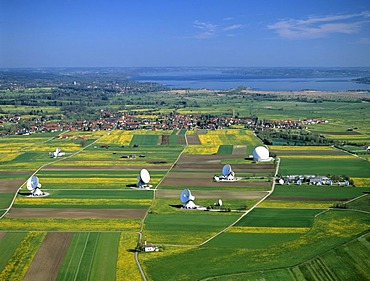 Satellite earth station Raisting, satellite antennae, Lake Ammersee, Pfaffenwinkel, Upper Bavaria, Germany, Europe, aerial view