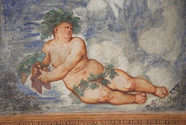 Fresco of Bacchus, Greek god of wine in Castello del Buonconsiglio, Trento, Trentino, Alto Adige, Italy, Europe