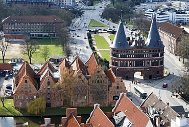 Bird's eye view of the old salt storehouse and the Holstentor Gate in Luebeck, Schleswig-Holstein, Germany, Europe