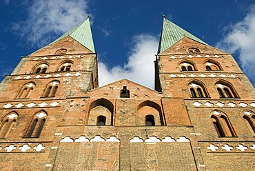 Worm's eye view of the Marienkirche Church facade in Luebeck, Schleswig-Holstein, Germany, Europe