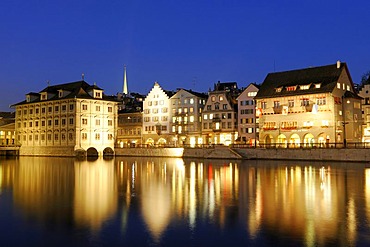 Banks of Limmat with Guildhall Zum Rueden and Zuerich City Hall by night, Switzerland, Europe