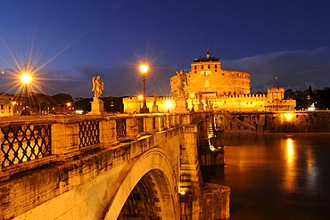 Ponte Sant'Angelo at night, Castel Sant'Angelo in the back, Rome, Italy, Europe