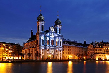 Jesuit Church illuminated by light artist Gerry Hofstetter with Christmas light, Lucerne, Switzerland, Europe