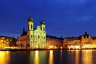 Jesuit Church illuminated by light artist Gerry Hofstetter with Christmas light, Lucerne, Switzerland, Europe