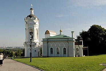 Belltower and Russian Orthodox church in Kolomenskoye village near Moscow, Russia