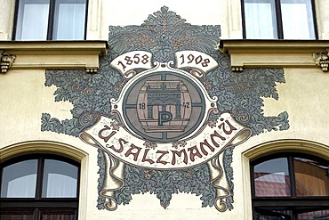 Wall painting at the famous tavern and bierkeller U Sulzmannu, from where the fame of the famous Pilsner beer has taken its legendary course, Pilsen, Plzen, Bohemia, Czech Republic, Europe.