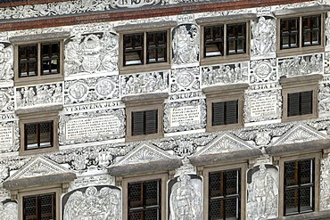 Renaissance facade of the historical city hall at the Square of the Republic in Pilsen, Plzen, Bohemia, Czech Republic, Europe.