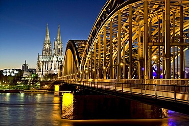 Cologne Cathedral, Hohenzollernbruecke Bridge and the Rhine River, Cologne, North Rhine-Westphalia, Germany, Europe