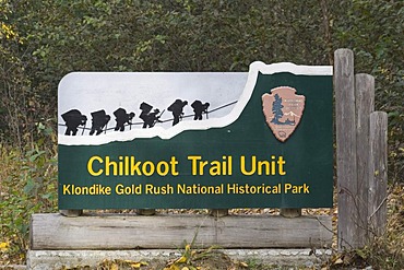 Official Chilkoot Trail pass sign, national historic park, Klondike Gold Rush, Dyea, Alaska, USA, North America