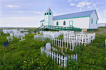 Historic graveyard and wooden church in Fort McPherson, Lost Patrol, arctic village, Northwest Territories, Canada, North America