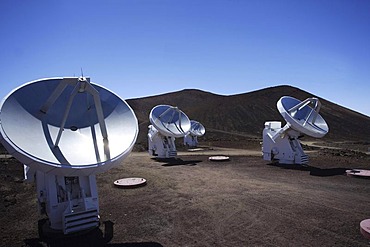 Submillimeter Array, SMA, consisting of eight radio telescopes at a height of 4080m near the summit of the extinct volcano Mauna Kea, Hawaii, USA