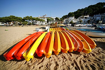 Sport boats, hire boats on Tamariu beach, Costa Brava, Catalonia, Spain, Europe