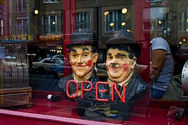 Bust of Laurel and Hardy in the window of a bar at the Hackesche Hoefe yards, Berlin, Germany, Europe