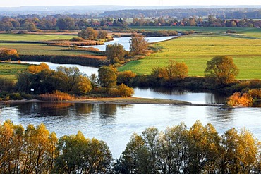 Lower-Saxony Elbtalaue in final autumn evening light, UNESCO Biosphere Reserve Elbe riverscape, view from Boizenburg in the nature park Mecklenburgisches Elbetal, Mecklenburg-West Pomerania / Lower Saxony, Germany, Europe