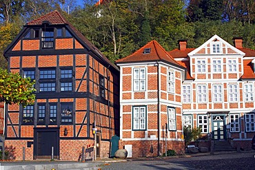 Timber-framed houses in the historic center of Lauenburg on the Elbe River, Herzogtum Lauenburg district, Schleswig-Holstein, Germany, Europe