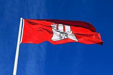 Flag of Hamburg bearing city coat of arms blowing on flagpole, Hamburg banner, Hamburg, Germany, Europe