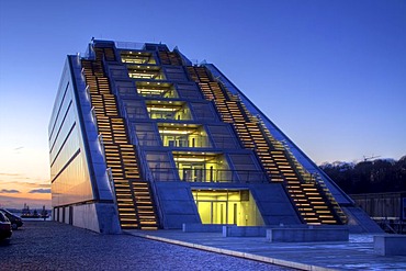 Modern Dockland office building on Elbe River at sunset, stairs leading to the roof on the backside, fishing harbour, St Pauli fish market, Hamburg Harbour, Hamburg, Germany