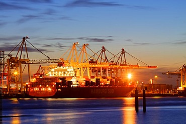 Container ship "Monte Pascoal" at night, being loaded with containers at the Buchardkai container terminal in Hamburg Harbour on Elbe River, Hamburg, Germany