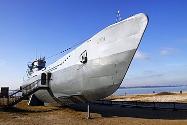 Museums ship, U-995 submarine at a beach near Kiel in Baltic Sea seaside resort town of Laboe, Schleswig-Holstein, Germany, Europe