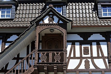 Half timbered building facade and gazebo, Doerrenbach, Naturpark Pfaelzerwald Nature Park, Rhineland-Palatinate, Germany, Europe