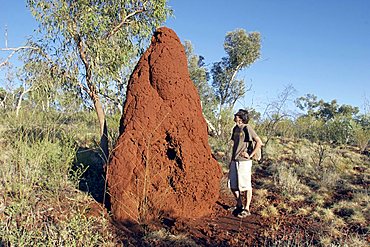 man stays next to a termite hill Karijini National Park Pilbara region western australia WA