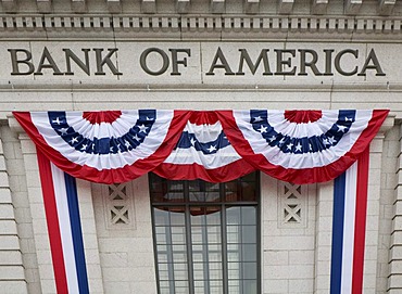 A bank decorated with patriotic bunting for the presidential inauguration of Barack Obama, Washington, DC, USA