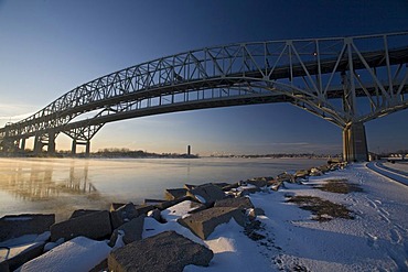 The Blue Water Bridge across the St. Clair River, linking the United States and Canada, Port Huron, Michigan, USA