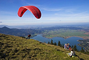 Paraglider, view from Jochberg over the Kochelsee lake, Alps, Upper Bavaria, Bavaria, Germany, Europe