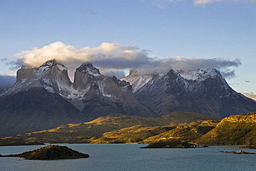 Torres del Paine mountains at the lake Lago Pehoe, National Park Torres del Paine, Patagonia, Chile, South America