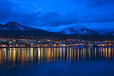 Skyline from Ushuaia, most southerly town of the world, at night, Tierra del Fuego, Argentina, South America