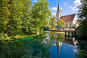 Blautopf with cloister in Blaubeuren, Swabian Alb, Baden-Wuerttemberg, Germany