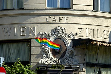 Cafe Wienzeile with colourful flag of the homosexual scene at Naschmarkt Linke Wienzeile Vienna Austria