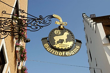 Old iron made and gilded restaurant sign of Gasthof Gams in the city center Beilngries Altmuehltal Bavaria Germany