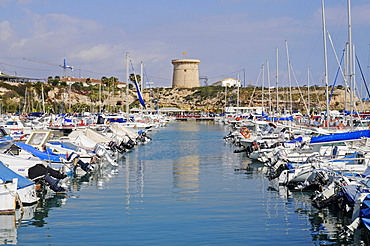 Watchtower and marina, El Campello, Alicante, Costa Blanca, Spain