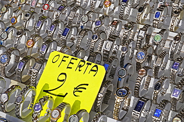 Watches for sale at the weekly market, Altea, Alicante, Costa Blanca, Spain