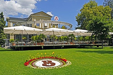 Restaurant terrace and flowers in the park of the Grand Casino Baden, Aargau, Switzerland, Europe