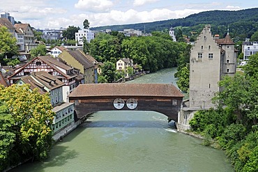 Historic city centre with a wooden bridge crossing the Limmat River, Baden, Aargau, Switzerland, Europe