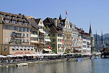 Riverside, restaurants, gastronomy, River Reuss, historic district, Lucerne, Switzerland, Europe