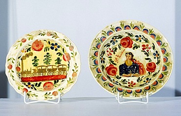 Franconian Museum Feuchtwangen Middle Franconian Bavaria Germany disks earthenware with St Barbara and the railway Nuremberg to Fuerth