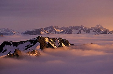 From the mountain hotel Nebelhorn (2224 m) near Oberstdorf Allgaeu Allgaeu Bavarian Swabia Bavaria Germany across the Schattenberg to the mountains around the Kleinen Walsertal