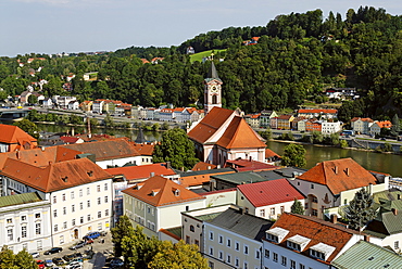 Passau Lower Bavaria Germany from the southern tower of the cathedral to the Danube and the parish church St Paul