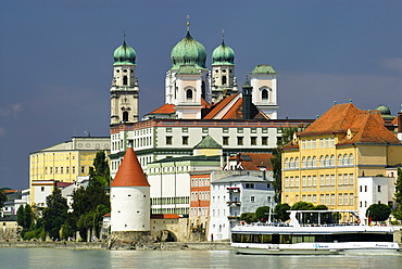 Passau Lower Bavaria Germany cathedral St Stephan above the Schaibling tower and the river Inn