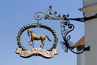 Passau Lower Bavaria Germany sign post Osteria del Padrone Bratfischwinkel