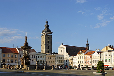 Ceske Budejovice Budweis Nam. Piemysla Otakara II. Bohemia Czech Republik with the Samson fountain and the St. marys church