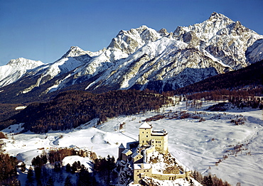 Tarasp castle canton of Graubuenden Grisons Switzerland in front of Lischana mountains