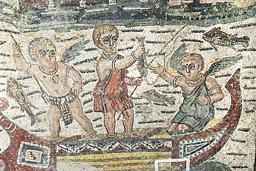 Puttos as fishermen in a boat mosaic floor Villa Casale Piazza Armerina Sicily Italy