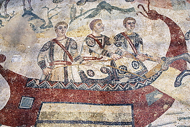 Three men in a boat mosaic floor Villa Casale Piazza Armerina Sicily Italy