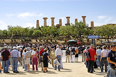 Gathering place for tourists in front of the temple of Hercules temple Agrigento Sicily Italy