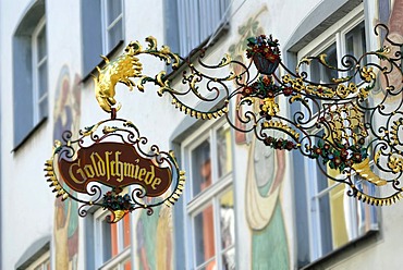 Sign of the restaurant Goldschmiede, Wasserburg, Bavaria, Germany